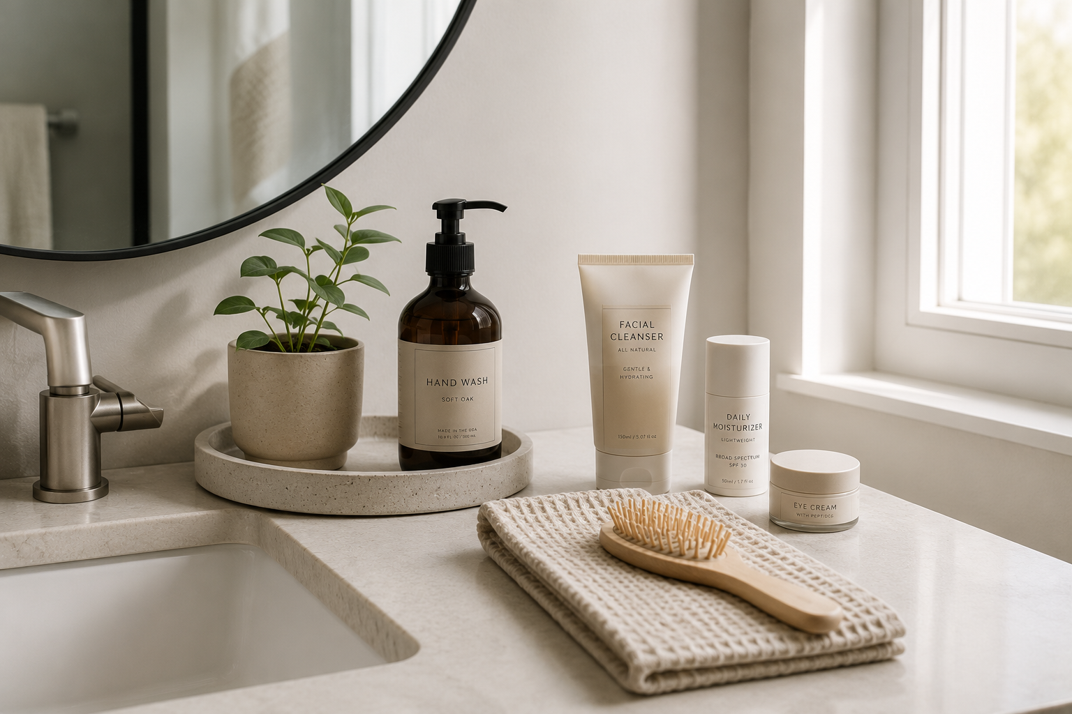 A simple, organized bathroom counter with a few self-care essentials neatly arranged